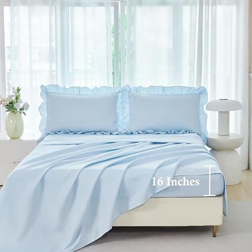 ANGIYUIN Light Blue Ruffle Girls Comforter Set Twin Size 5 Pieces Ruffled Farmhouse Bed in A Bag Solid Boho Bedding Comforter Sets Soft Fluffy Bed Sets for Kids Girl(Light Blue Twin) thumbnail 6