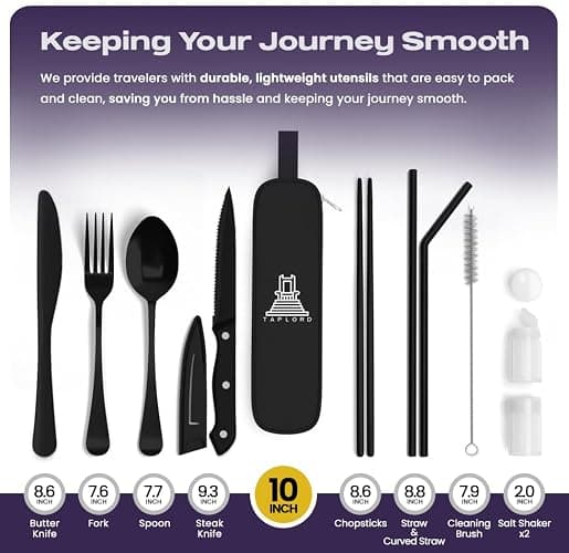 Taplord Portable Travel Silverware Set With Case, Includes 10 Pcs of Travel Utensils With Case, Stainless Steel Flatware Set For Camping, Lightweight (Black) thumbnail 2