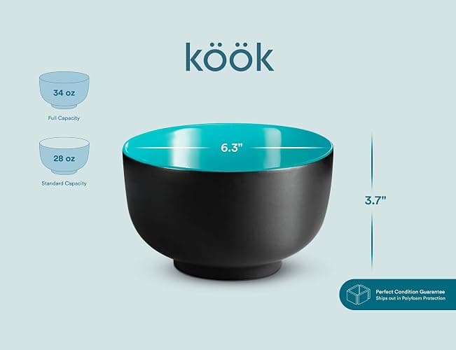 KooK Ramen Bowl, Japanese Bowls, Noodle Bowls, Large Soup Bowl, Ceramic, Large Capacity, For Ramen, Pho, Udon, Soba, Microwave and Dishwasher Safe, 34 oz, Set of 4 (Black/Teal) thumbnail 2