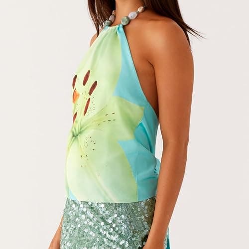 Backless Halter Tops for Women Y2k Sleeveless Open Back Tie Up Floral Print Camisole Silk Satin Going Out Top thumbnail 2