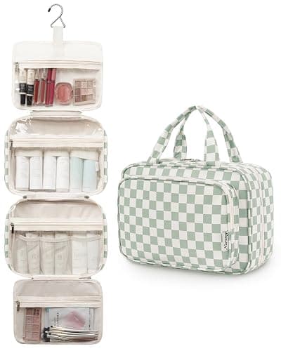 Narwey Travel Toiletry Bag for Women Large Hanging Makeup Bag Organizer Toiletries Bag for Full Size Essentials Accessories Cosmetics (Mint Green Checkerboard (Large)) thumbnail 4