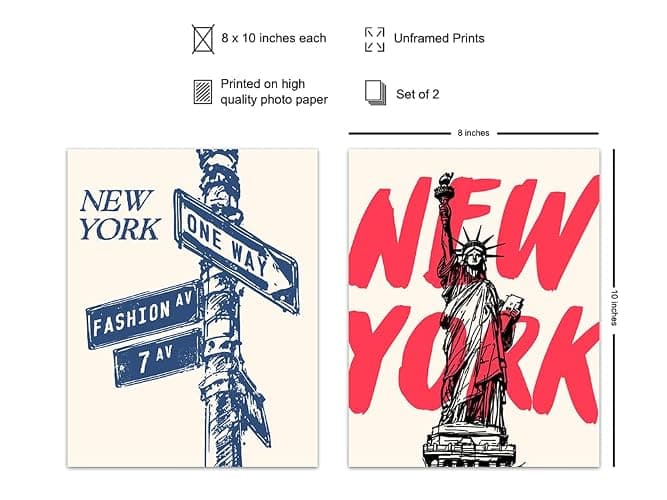 New York Poster Wall Art - 8x10 - New York City - NYC - Living room Aesthetic - Urban Room Decor - Statue of Liberty - Cool Wall Art - Unique Home Decor - Cute Trendy small Apartment Travel Prints Set thumbnail 2