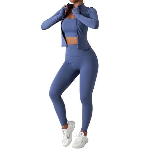 Women’s 3 Piece Workout Set – Sports Bra, Leggings & Jacket with Thumbholes – Yoga Outfit Activewear for Gym Running Training - Image 1