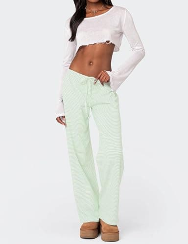 Ugerlov Women's Wide Leg Striped Pants Casual Drawstring Elastic Low Rise Pajama Pants Lounge Wear Trousers thumbnail 4