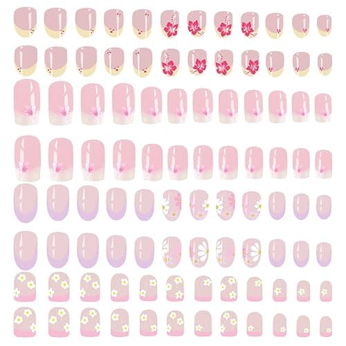 96 PCS False Nails, Waterproof Durable Press on Nails for Kids, Flower Fake Nail Stickers, Self Adhesive Nail Art Kit for Parties, Halloween, Daily Wear - Image 1