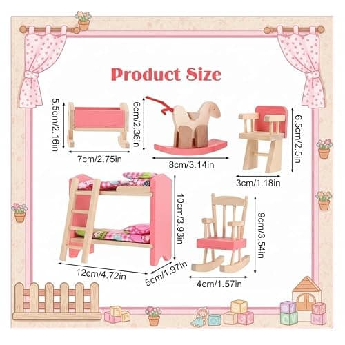 JOINPAYA Wooden Dollhouse Bedroom Furniture: Doll Bunk Bed Rocking Horse Chair, DIY 1:12 Scale Miniature Doll House Decoration Accessories for Ages 3+ Role-Playing thumbnail 3