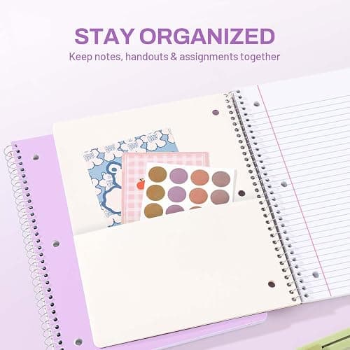 SUNEE Spiral Notebook, 1-Subject, College Ruled Paper, 8" x 10-1/2", 100 Sheets per Notebook, 3-Hole Punched Paper, Water Resistant Cover, Double-sided Pockets, Spiral Lined Notebooks for Work, Purple thumbnail 4