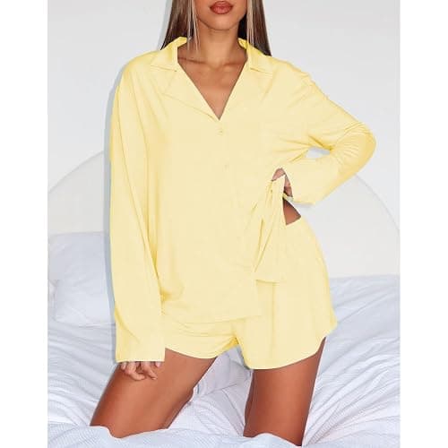 RUEWEY Women 2 Piece Pajamas Set Button up Long Sleeves Shirt and Elastic Shorts Set Loungewear Soft Sleepwear thumbnail 4