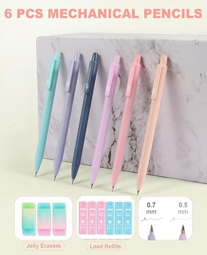39PCS Aesthetic School Supplies with Cute Pencil Case, 5X Ballpoint Pens with Stylus Tip, 12X Pastel Highlighters, 6X Mechanical Pencil Set 0.5&0.7mm, Suit for Preppy School College Essentials(purple) thumbnail 6