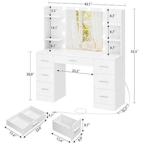 FIONESO Vanity Desk with LED Light Mirror & Power Outlet, 3 Adjustable Light Color, Makeup Vanity with 7 Drawers, 4 Shelves, 5 Jewel Hooks, White Vanity for Bedroom, Girls Vanity thumbnail 2