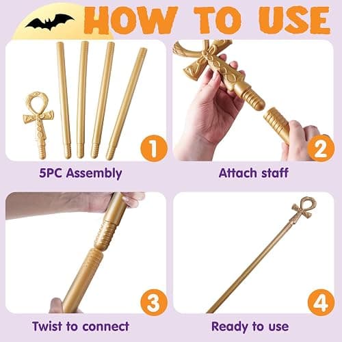 Spooktacular Creations Halloween Staff, Egyptian Costume Walking Cane Accessories for Dress Up, Gold Egyptian Style Walking Stick Toy Prop for Kids Women Men Halloween Cosplay Party thumbnail 2