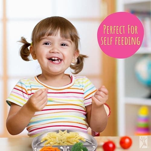 Vihaan - Elk and Friends Stainless Steel Divided Plates with Silicone Sleeve for Babies & Toddlers | Lids Included | Stay Put Suction | Dinner & Snack Plates | 2 Pack thumbnail 2