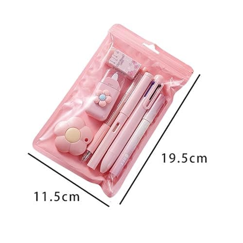 MOZXIRZ 7 Pcs Cute Pink Stationery Set Kawaii School Supplies Office Supplies Including Ballpoint Pens Pencil Sharpener Highlighter Correction Tape Ruler Utility Knife (Pink) - Pink thumbnail 6