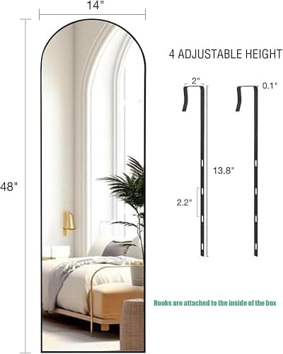 KOMCOTE Full Length Mirror 48x14 Inches - Over The Door Hanging Mirror for Bedroom, Living Room, Closet - Arch Floor Mirror, Door Mirror with Black Frame - No Drill Easy Install thumbnail 2