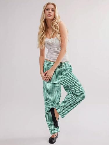 YKR Plaid Pants for Women Gingham Lounge Wide Leg Low Waist Pajama Pants Elastic Waist Trousers with Pocket thumbnail 3
