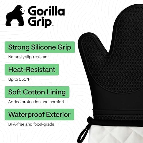 GORILLA GRIP Silicone Oven Mitts, 550F Heat Resistant, 12.5x8.3, Black | BPA-Free Cooking Waterproof Safety Gloves, Thick Cotton Lining, Flexible Gripping for Baking, Grilling, Kitchen Potholder Set thumbnail 2