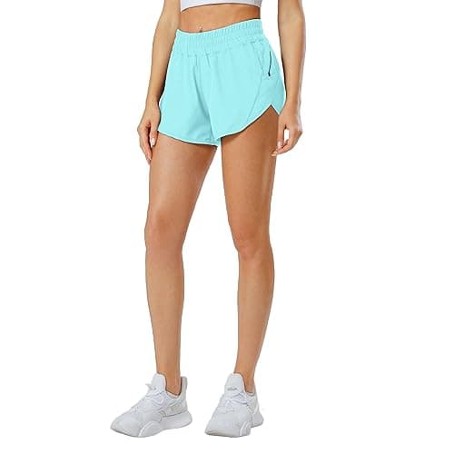Aurefin Athletic Shorts for Women,Women's Quick Dry Workout Sports Active Running Track Shorts with Elastic and Zip Pockets - Regular Fit - Small - Light Blue thumbnail 4