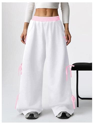 Verdusa Girl's Coquette Bow Wide Leg Baggy Pants Lightweight Cute Sweatpants with Pockets thumbnail 3