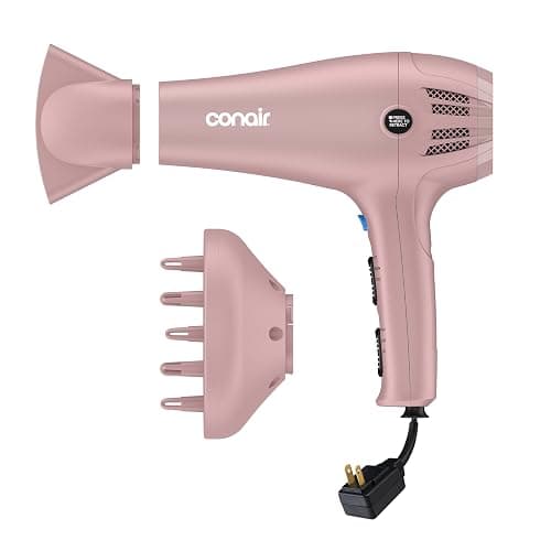 Conair Hair Dryer with Retractable Cord, 1875W Blow Dryer, 3 Heat Settings, 2 Speeds, Blow Dryer with Diffuser and Concentrator Attachments, Ionic + Tourmaline Technology, Matte Light Pink - Image 1