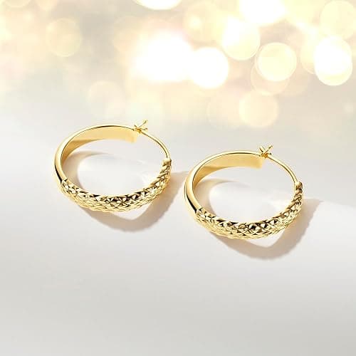 JADE KOS Gold Hoop Earrings 14K Gold Hoop Earrings for Women Wrinkle Texture 14K Gold Earring for Women Hypoallergenic Womens Hoops Earring 25mm thumbnail 5