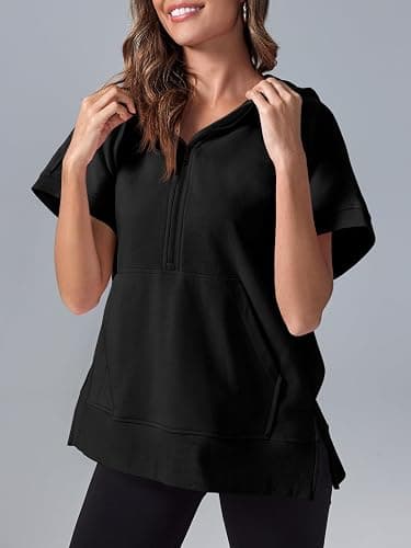 Fisoew Womens Oversized Half Zip Hoodies Short Sleeve Casual Sweatshirts Pullover Tops with Pockets thumbnail 3