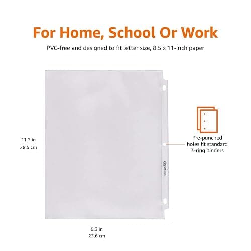 Amazon Basics Sheet Protectors for 3 Ring Binder, Lightweight, Acid-Free, Clear Plastic Sleeves, Letter Size, 8.5 x 11 Inch, 100-Pack thumbnail 3