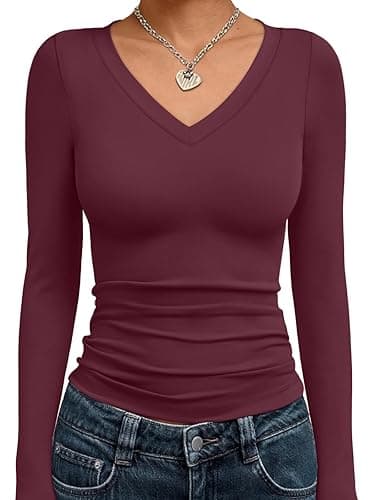 Trendy Queen Long Sleeve Shirts for Women 2025 Fall Fashion V Neck Basics Crop Tops Slim Fitted Y2K Tops Outfits Clothes