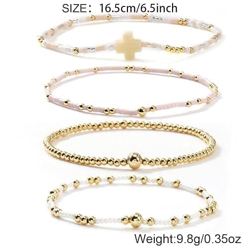 EQUBIO Gold Beaded Bracelet for Women，14K Plated Stackable Beaded Bracelet Set，Handmade Adjustable Waterproof Beaded Jewelry，Fashion Jewelry Set Gifts for Women Birthday Friendship thumbnail 5