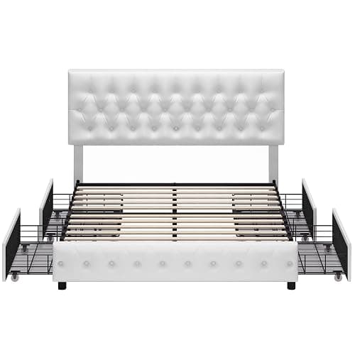 Full Size Bed Frame with 4 Storage Drawers and Adjustable Headboard, Upholstered Faux Leather Platform Bed with Button Tufted Design, Strong Wooden Slats Support, No Box Spring Needed, White thumbnail 8