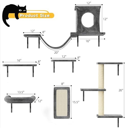 NUNU LAB Cat Wall Shelves, 6 Pcs Luxury Wall-Mounted Cat Climber Set, Indoor Cat Furniture with 1 Condos House, 2 Cat Wall Shelves, 1 Scratching, 1 Bridge Ladder, 1 Scratching Pad, Dark Gray thumbnail 8