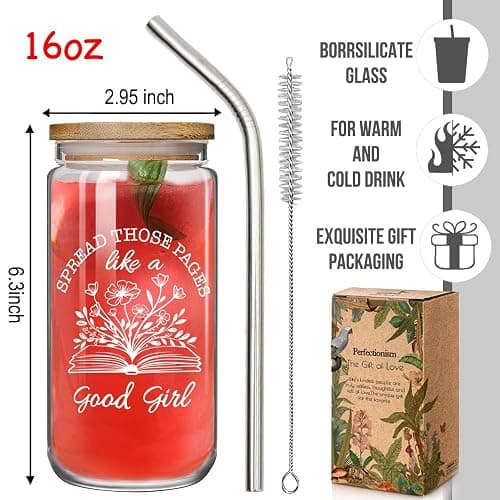 Enanaimg Funny Spicy Book Lovers 16oz Glass Cup Gift for Women - Spread Those Pages Like a Good Girl, Booktok Merch Gift for Readers Dark Romance BookTok Lover Cup for Her With Lids and Straw thumbnail 3