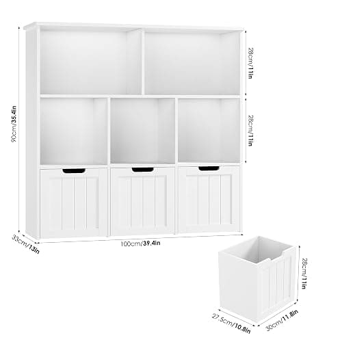 FOTOSOK Toy Storage Organizer with 3 Movable Drawers, Toy Organizer with Hidden Wheels and 5 Open Cubbies, Multifunctional Floor Storage Chest for Playroom, White thumbnail 2