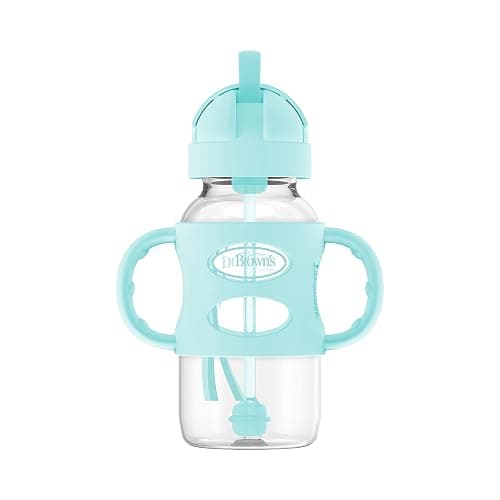 Dr. Brown's Milestones Wide-Neck Sippy Straw Bottle with 100% Silicone Handles and Weighted Straw, 9 oz/270 mL, Gray & Green, 6m+ - Gray & Green - 2 Count (Pack of 1) thumbnail 12