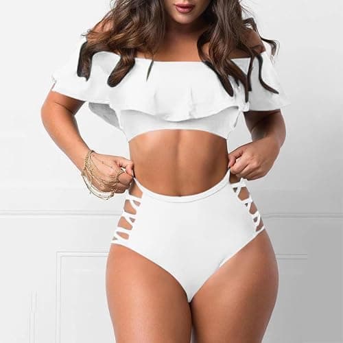 Akklian Women Two Piece Swimsuits Ruffled Plus Size Bikini Sets High Waisted Cutout Tummy Control Off Shoulder Bathing Suits thumbnail 3