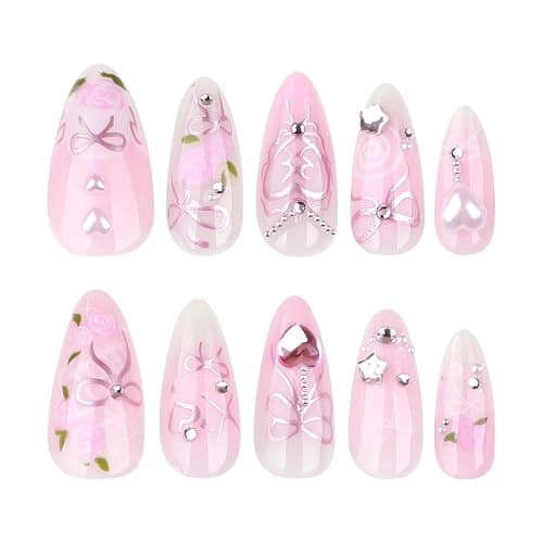XZMeiLun 3D Handmade Spring & Summer Heart Pearl Press On Nails Almond Medium 24 Pcs, Flower Designer Reusable Acrylic Fake Nails with Glue, Wedding and Party, Daily wear Nails fro Women Gift thumbnail 3