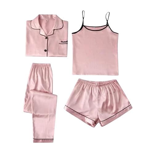Women's Satin Pajama Set 4pcs Sexy Cami Shorts Set and Button Down Long Sleeve Loungewear Soft Pjs Set Sleepwear Plus Size, D# Pink, XX-Large - Image 1