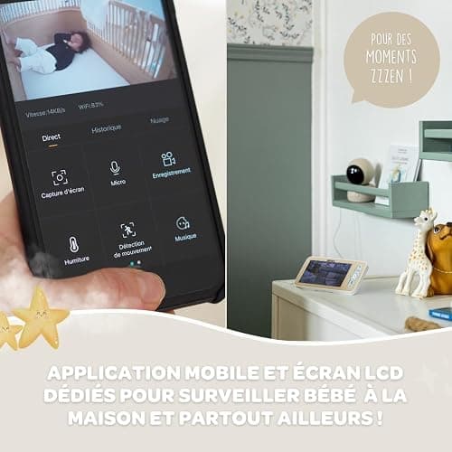 BÉABA, Babyphone, Ecoute Bébé Vidéo 2 en 1, Ecran/Application mobile dédiée, Caméra HD, Rotation à 360°, Vision Nocturne, Talkie Walkie, Berceuses, Contrôle température et humidité, Zen Premium Argile thumbnail 4