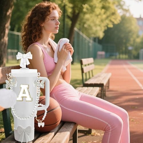 Accessories Set for Stanley Cup 30&40oz, Bow Strap, Boot & Toppers White M | 10PCS set with pearl bow strap, letter charm, silicone boot, straw topper and spill proof stoppers for tumbler decor thumbnail 6