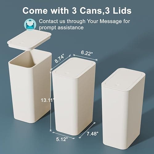 N. NETDOT 3 Pack 10L / 2.6 Gallon Small Trash Can with Lid, Bathroom Garbage Can with Pop-Up Lid, Waste Basket for Bathroom, Kitchen, Bedroom, Powder Room, Craft Room, Office, College (Off White) thumbnail 7