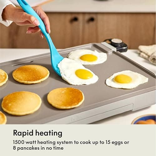 bella 12" x 22" Electric Griddle with Warming Tray, EverGood™ Ceramic Nonstick Coating & Removable Temperature Probe, Dishwasher-Safe Drip Tray & Cool Touch Handles, 1500 Watt, Oatmilk thumbnail 2