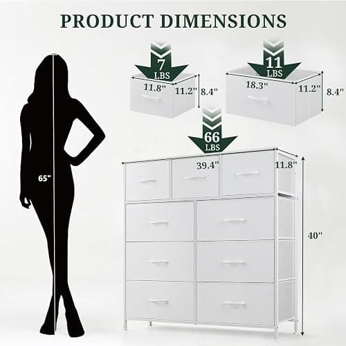 9-Drawer Dresser for Bedroom, Anti-Tip Tall Storage Organizer Chest of Drawers with Wooden Top and Metal Frame Fabric Bins for Closet, Living Room, Hallway, Entryway, White thumbnail 3