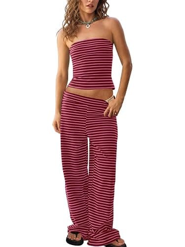 Tankaneo Womens Striped 2 Piece Set Summer Tube Tops Pants Matching Sets | Strapless Crop Tube,Elastic Waist Wide Leg Pants,Lounge Sets,Sleeveless Tank,Slim Fit,Vacation Beach Outfits,Cute,Y2k - Image 1