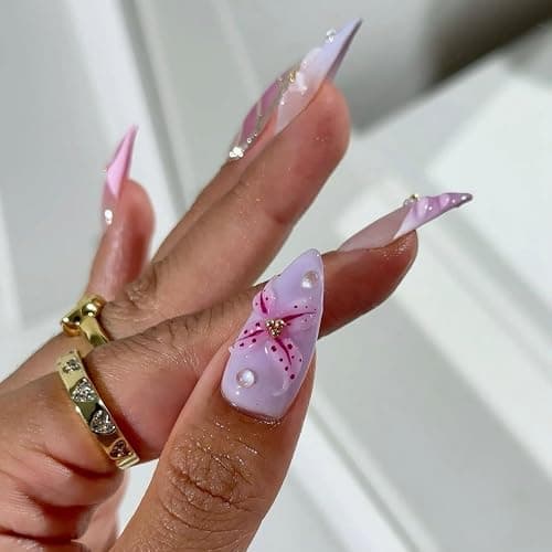 LPOODDNU Purple Pink Press on Nails Almond - Medium 3D Embossed Flower Fake Nails with Pearl Designs, Glossy Finished Reusable False Nails with Adhesive Glue Tabs - 24Pcs Nail Kit for Women Manicure thumbnail 3