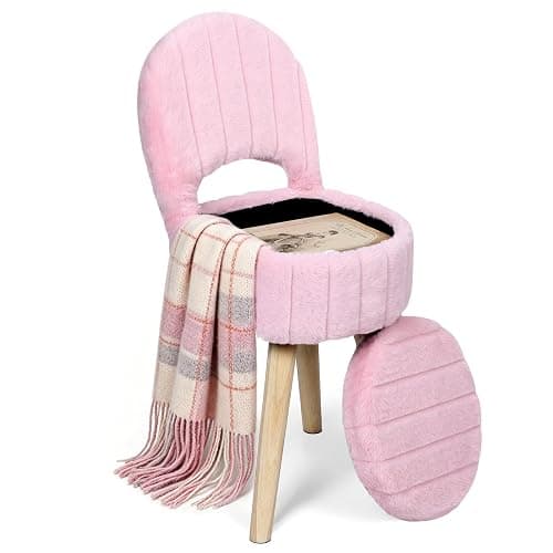 KANEODOT Vanity Stool with Storage & Folding Back,11.8“ D x 12.9” W x 27.9" H Round Faux Fur Cute Vanity Chair with 4 Solid Wood Legs,Comfy Small Makeup Ottoman for Living Room,Bedroom,Closet,Pink thumbnail 8