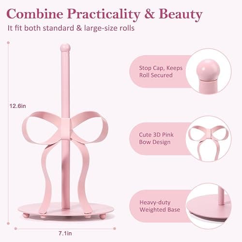 Shinlar Pink Bow Paper Towel Holder Coutertop - Bow Accent Paper Towel Holder, Pink Kitchen Decor and Accessories, Coquette Room Decor Girly Gifts for Women, 3D Handmade Pattern, Weighted Base thumbnail 3