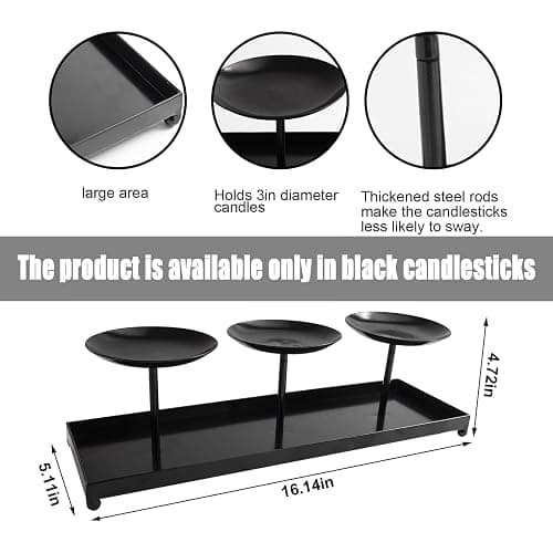 flangairy 3 Pillar Black Metal Candle Holders for Table Centerpiece, Fall Thanksgiving & Halloween Dining Table, Fireplace Mantel Decor, Tray Candlestick for Living Room Rustic Decorations thumbnail 3