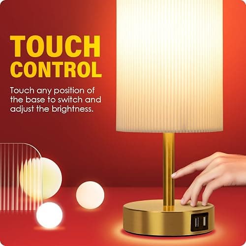 Bedside Lamp with USB port - Touch Control Table Lamp for Bedroom Wood 3 Way Dimmable Nightstand Lamp with Round Pleated Shade for Living Room, Dorm, Home Office (LED Bulb Included) (Pleated) thumbnail 4