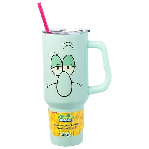 Silver Buffalo SpongeBob SquarePants Double Walled Stainless Steel Tumbler with Handle Featuring Squidward, Fits in Standard Cup Holder, 40 Ounces - Image 1