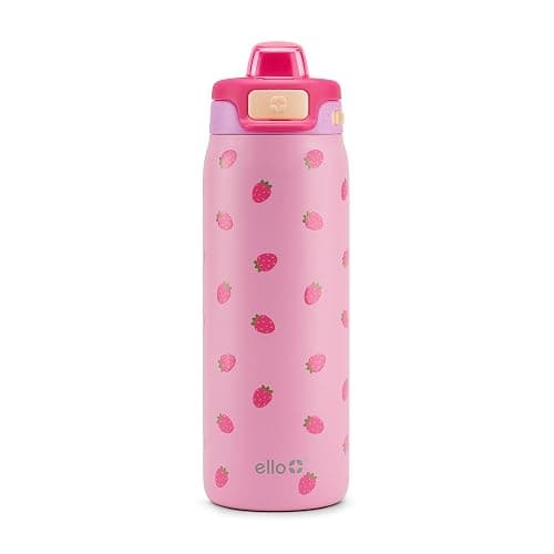 Ello Pop & Fill 18oz Stainless Steel Kids Water Bottle with Quick Fill Lid | Vacuum Insulated BPA Free Bottle with Leak Proof Straw and Chug Lid, Dishwasher Safe, Gift For Kids Teens, Strawberries - Image 1