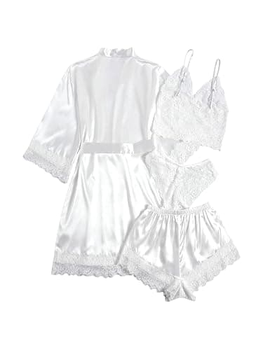 WDIRARA Women' Silk Satin Pajamas Set 4pcs Lingerie Floral Lace Cami Sleepwear with Robe thumbnail 3